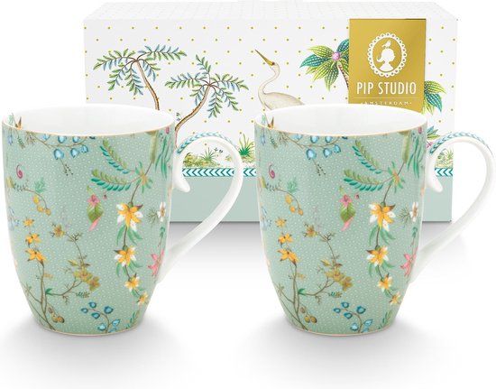 Pip Studio Set van 2 grote mokken Jolie Flowers Blue - 350ml