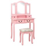 VidaXL Make-up tafelset met kruk, roze, 80x69x141 cm, paulowniahout