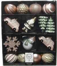 Decoris 25x stuks kersthangers/kerstballen salie groen/parel/lichtroze/wit - Onbreekbare plastic kerstboomversiering kerstornamenten