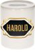 Spaarpot Harold - wit - met goud/zwart embleem - 8 x 9 cm - keramiek - met afsluitdop - cadeau verjaardag