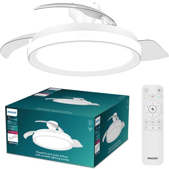 Philips LED Philips Bliss Plafondventilator met LED-lamp - 106cm - 4500 Lumen - Instelbaar Wit Licht - Dimbaar - Afstandsbediening - Wit