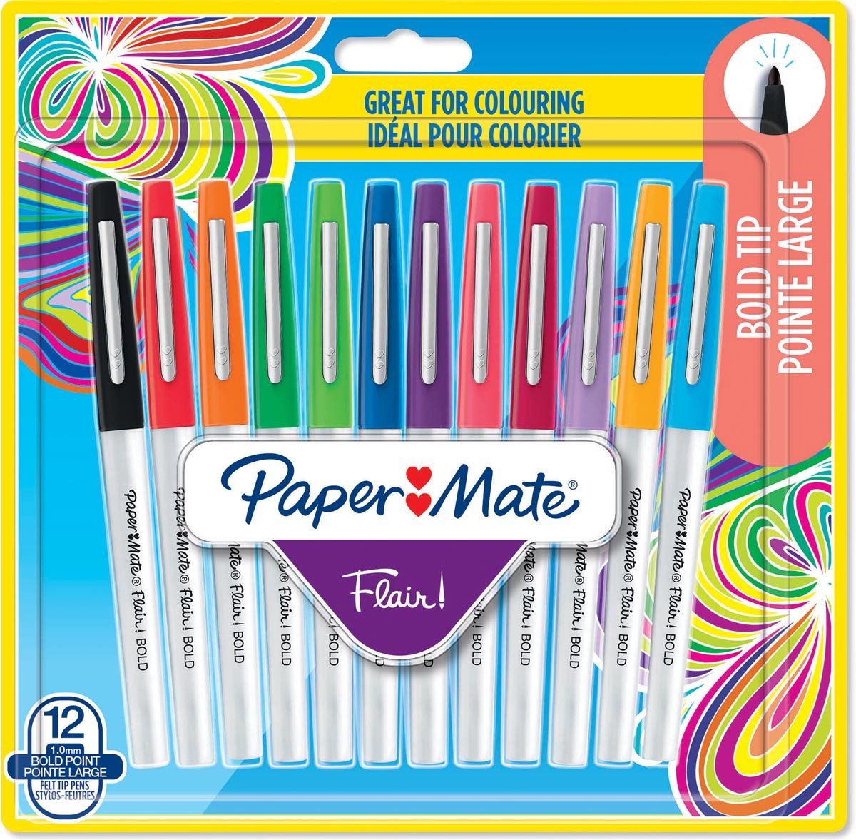 Paper Mate Flair Bold viltstift, blister met 12 stuks in geassorteerde kleuren