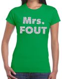 Bellatio Decorations Mrs. Fout zilver glitter tekst - t-shirt - groen - voor dames - foute party kleding - Carnaval verkleedkleding XS