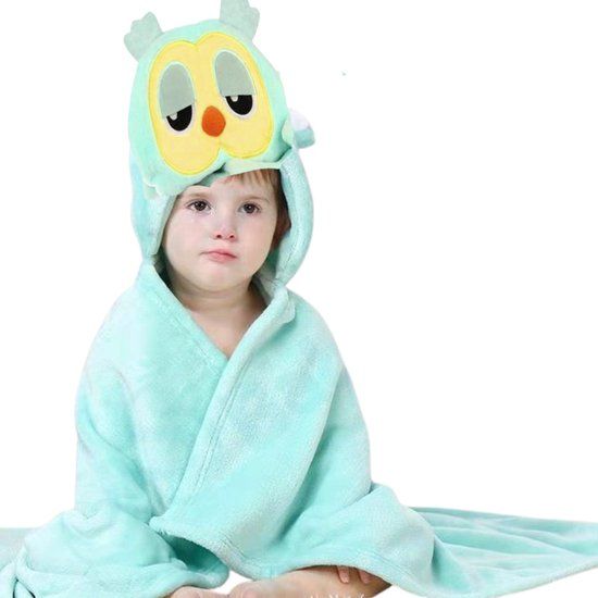 BoefieBoef Uil Blauw 2-in-1 Fleece Badcape & Wikkeldeken voor Baby's/Peuters met Dierencapuchon