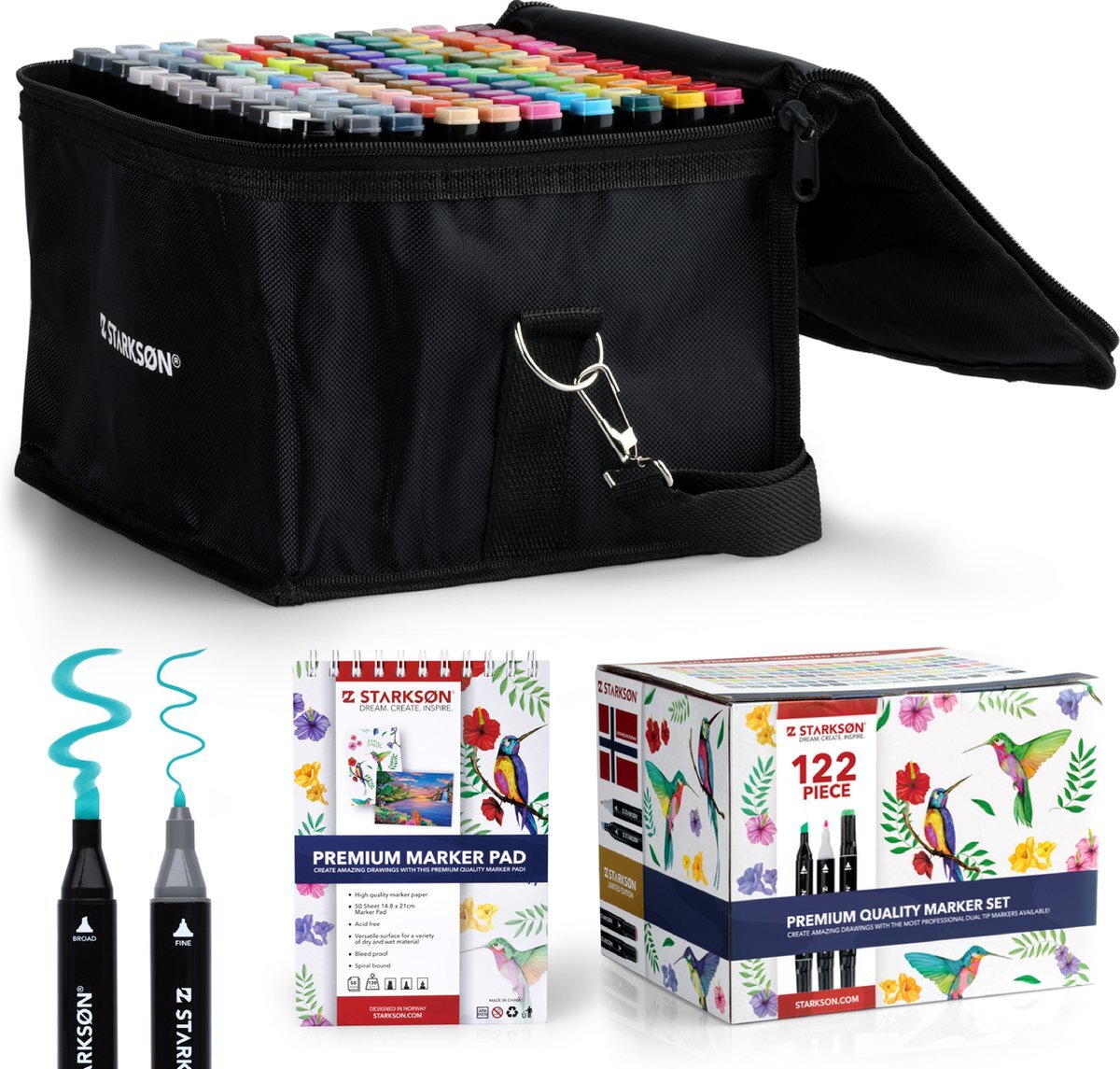 STARKSØN® 122 Stuks Twinmarkers Set – Alcohol Dual Tip Brush Markers – Dubbelzijdige Stiften – Twinmarker & Markeerfstift – Incl. Opbergtas & Schetsboek