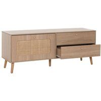 Eiken-look TV-rek HWC-M38, lowboard TV-tafel TV-meubel ladekast, lade deur, Kubu rotan hout 56x140x41cm