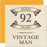 Vintage 92e verjaardagskaarten voor mannen - leeftijd 92 jaar - leuke verjaardagskaart voor opa vader echtgenoot oom broer opa, 145 mm x 145 mm wenskaarten, 92e verjaardagskaart