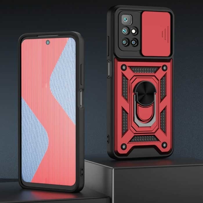 Keysion Keysion Xiaomi Redmi Note 10 Pro - Armor Hoesje met Kickstand en Camera Bescherming - Pop Grip Cover Case Rood