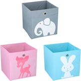 alpina Opbergdozen Kinderkamer - Set van 3 Opvouwbare Opbergboxen met Dierenprint - Stevige Kartonnen Opbergmanden met Metalen Greepoog - Afmeting 28 x 28 x 28 cm - Kleur Blauw, Grijs en Roze