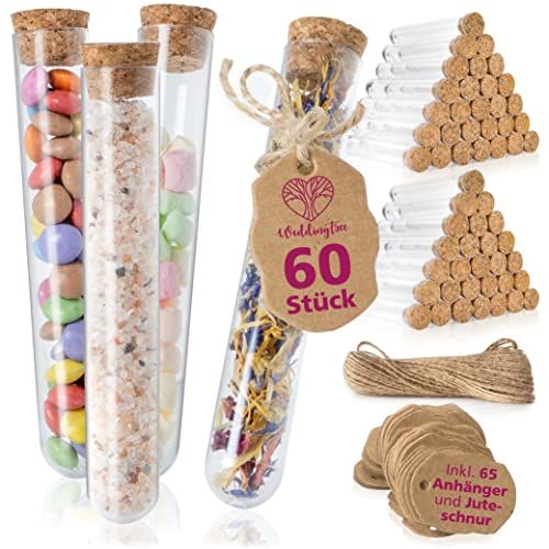 WeddingTree Reageerbuisjes, 60 stuks, 18 x 105 mm, 20 ml, Kunststof, met Kurk, Jute Koord en Hanger