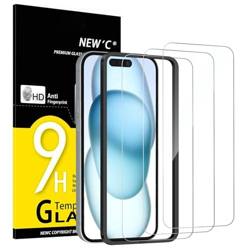 NEW'C 3 Stuks, Screen Protector voor iPhone 16, iPhone 15 (6,1 inch), Gehard Glass Schermbeschermer Film 0.33 mm Ultra transparant, Ultra resistent - Eenvoudig installatiegereedschap inbegrepen