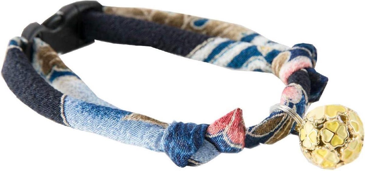SPIRE-PETS NECOICHI Japanse chirimen stof kattenhalsband met klavervormige hanger marineblauw blauw