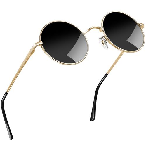 Joopin Ronde Zonnebril Heren Dames Gepolariseerde UV-Bescherming Vintage Metalen Frame Hippie Zonnebrillen Mannen Vrouwen (Goud Frame Zwart Lens)