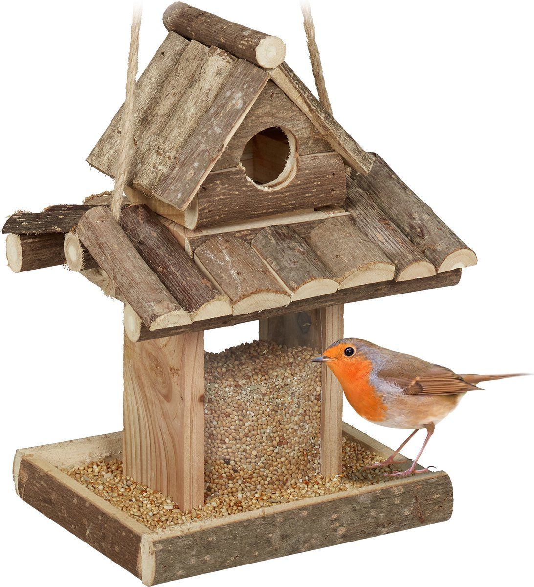 Relaxdays vogelvoederhuisje hangend - voederhuis vogels - houten vogelhuis voor tuin