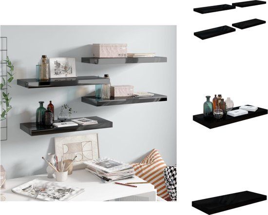 vidaXL Wandschappen - zwevend - 4 stuks - 60x23,5x3,8 cm - MDF - hoogglans zwart