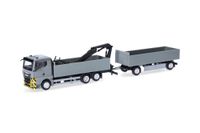 Herpa vrachtwagen model MAN TGX GN plateau-aanhanger met laadkraan, grijs/geel, schaal 1:87