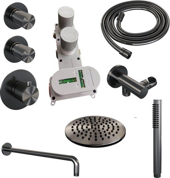 Brauer Gunmetal Carving Inbouw Regendoucheset - 20cm Hoofddouche - Geborsteld Gunmetal