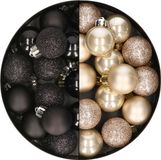 Kerstversiering 28x stuks kleine kunststof kerstballen zwart en champagne 3 cm