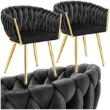 tectake® - Set van 2 Fluwelen eetkamerstoelen - Kuipstoel met armleuning in knooplook - Zwart/Goud