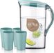 Unyqoos Carafe-set – 2,1 liter PET-carafe met deksel en 4 kleine bekers, transparant/bleu, BPA-vrij