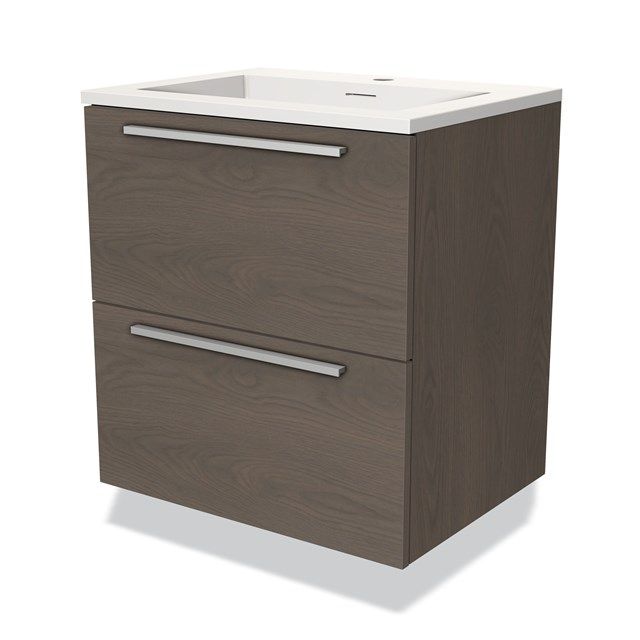 Maxaro Badkamermeubel 60cm Modulo Donkerbruin Eiken 2 Lades Vlak Wastafel Solid Surface