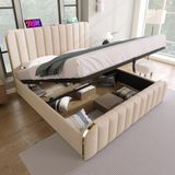 STILVORA Gestoffeerd Bed 140x190 cm – Tweepersoonsbed Met USB En Type-C Oplaadfunctie – Hydraulische Opbergruimte – Zonder Matras – Stof – Beige