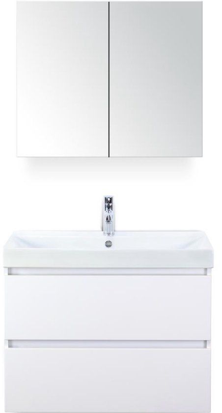 BES LED Maxx XL Badmeubelset 80 cm - Wit Hoogglans - Wastafel Just 1 Kraangat met Spiegelkast
