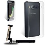 EXOPACK Beschermhoes voor Samsung Galaxy J3 2016, incl. displaybeschermfolie van gehard glas en selfie-stick, Bluetooth, zwart