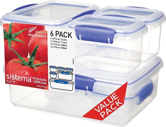 Sistema KLIP IT Meerdelige voedselopslagcontainers, stapelbare lunchboxen met clipsluitdeksels, BPA-vrij, blauwe clips, verschillende maten | 6 stuks