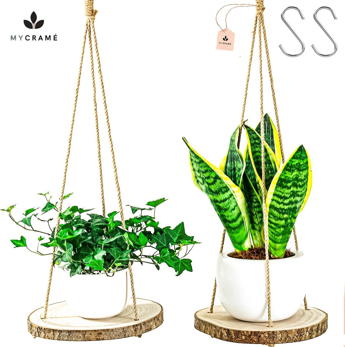 Mycramé Set Van 2 Boomstam Rond Wandrek Plantenhangers - Boho Jute Houten Plantenrek - Hangpot voor Binnen/Buiten - Hangende Bloempot Plank - Hangplant Houder - Bohemian Macrame Stijl Wandhanger - Hangplank Plant Hanger - Planthanger - Ø Rond 25-20cm