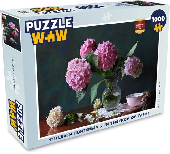 MuchoWow Puzzel Stilleven hortensia's en theekop op tafel - Legpuzzel - Puzzel 1000 stukjes volwassenen