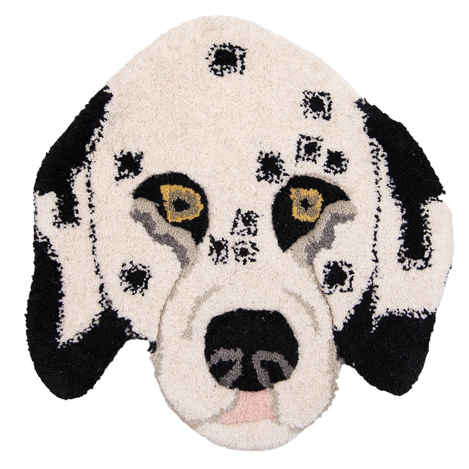 Clayre & Eef Vloerkleed Hond - 35x35 cm - Wit Zwart Wol