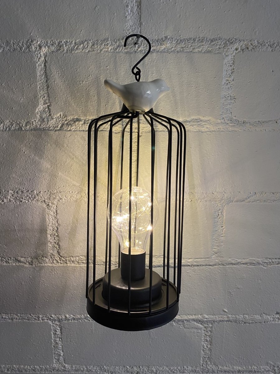 Impuls Industriële metalen lamp met vogel - zwart - 27 cm hoog x dia 11 x 10 cm - Hang of tafelmodel - Decoratieve verlichting