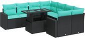 vidaXL 9-delige Loungeset met kussens, polyrattan, acacia, zwart