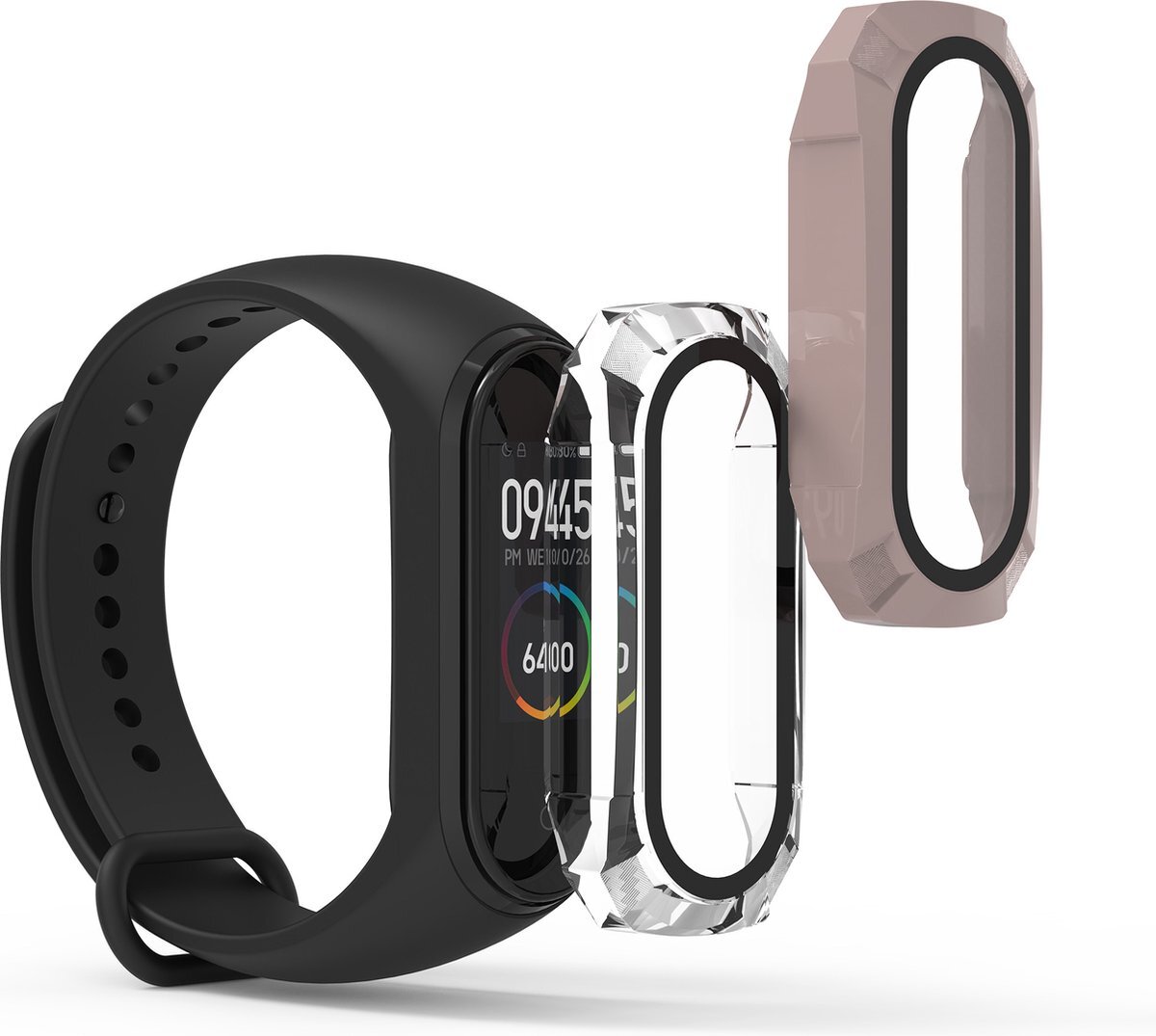 kwmobile 2x cover compatibel met Xiaomi Mi Band 4 / Band 5 / Band 6 - Fitnesstracker cover van gehard glas en kunststof frame set transparant / oudroze