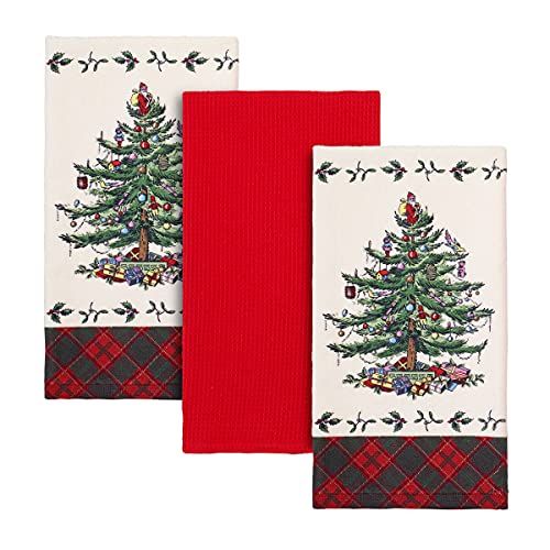 Avanti Linens Tree Spode Christmas Collection - Set of 3 Tea Towels - Tartan Red