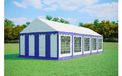Tente de réception 4x10 m STANDARD – PVC 500 g/m², ignifuge, tubes en acier galvanisé Ø38 mm, jusqu'à 80 personnes - Bleu-blanc