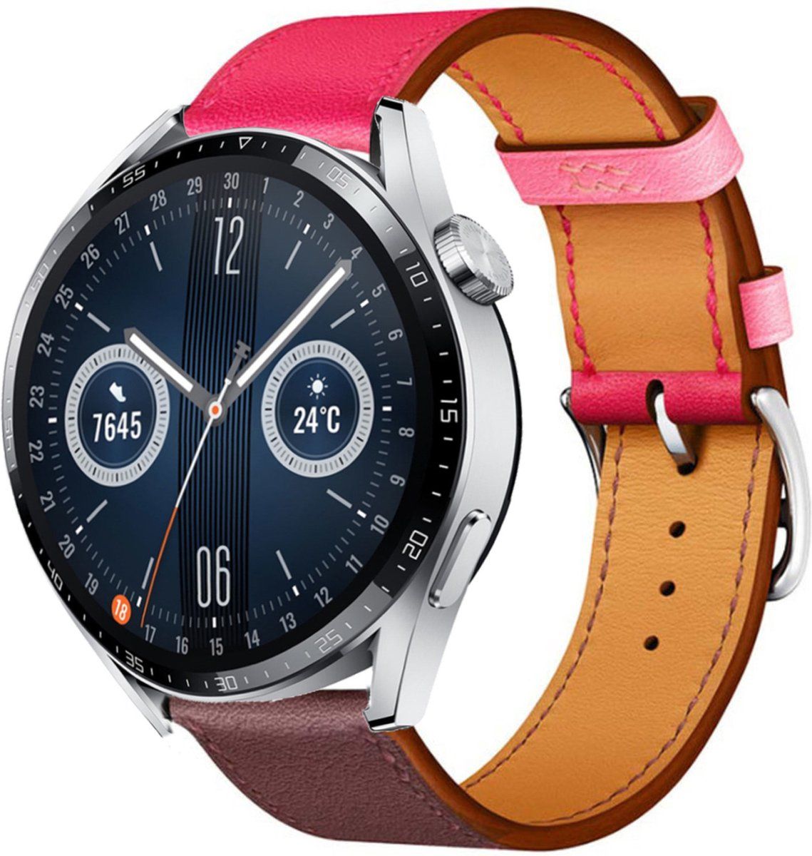 Strap-it 46mm leren band - knalroze/roodbruin - Geschikt voor Huawei Watch GT 3 - 46mm