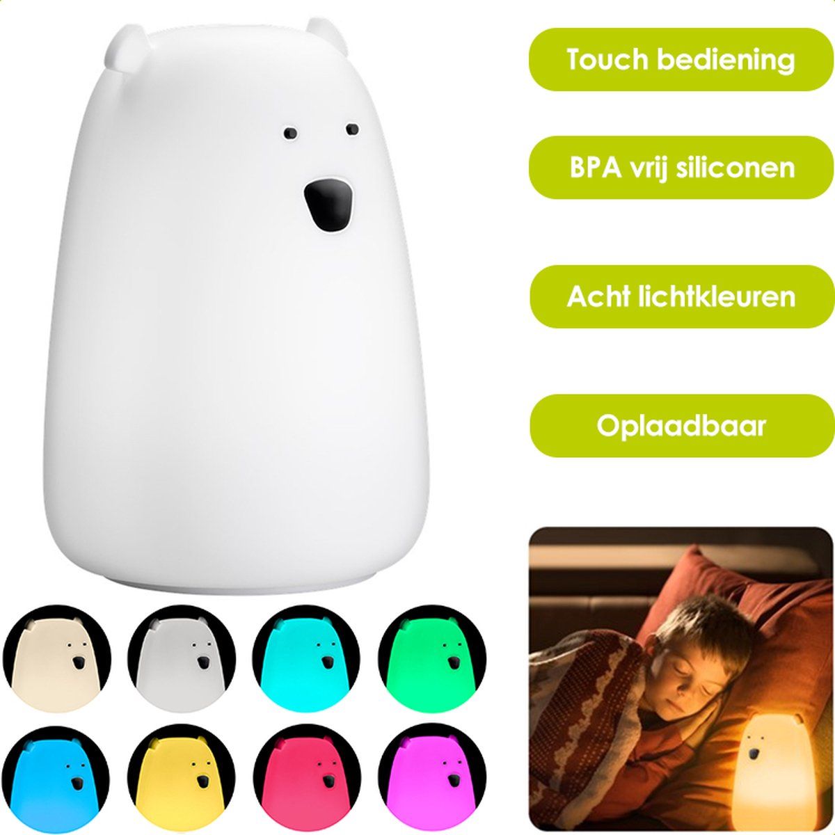 Powteq IJsbeer nachtlampje - Oplaadbaar - 9 lichtkleuren - Siliconen