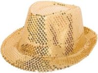 Shoppartners Folat Trilby hoedje - 12x - goud glitters - volwassenen - gleufhoedje - feesthoed - goud thema