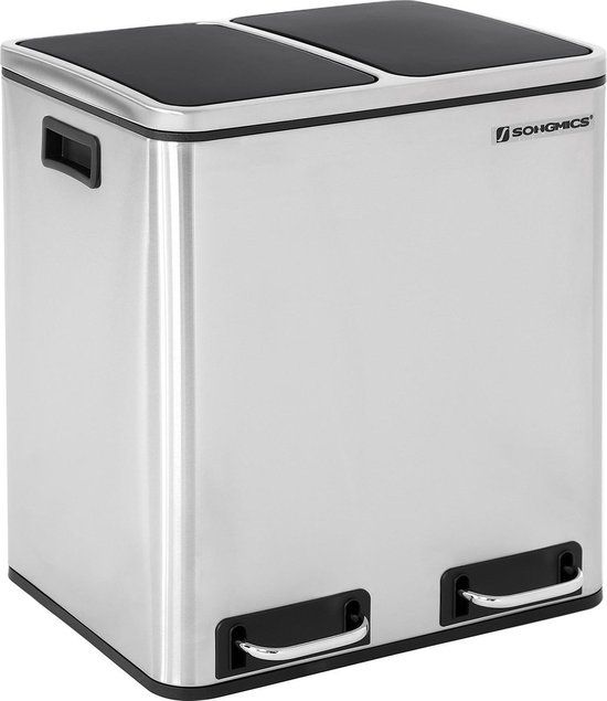 SONGMICS 30L Pedal Bin - Stainless Steel - Waste Separation System - 2 x 15L - Silver