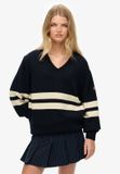 Superdry Oversized Gestreepte V-hals Trui Dames Katoen 100% Lange Mouw Casual Herfst/Winter Deep Navy