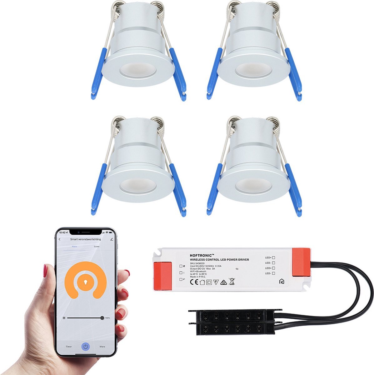 HOFTRONIC 4x Milano RVS Smart LED Inbouwspots complete set - Wifi & Bluetooth - 12V - 3 Watt - 2700K warm wit - Veranda verlichting - Voor binnen en buiten