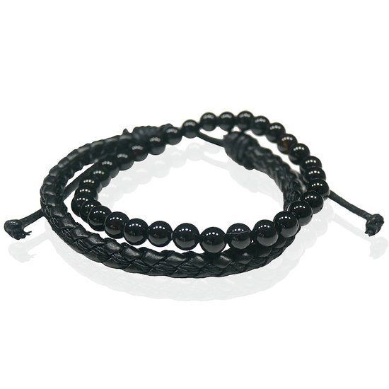 LGT JWLS Natuursteen en Leren Armbandenset - Zwart - Heren Sieraden - Agaat en Leder