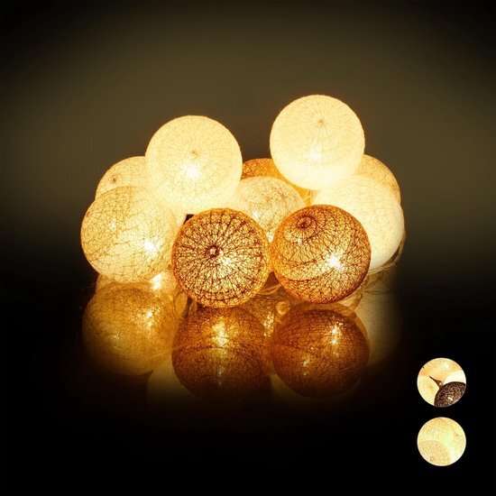 Relaxdays LED lichtsnoer met 10 ballen - sfeerverlichting - feestverlichting - katoen Wit-grijs-bruin