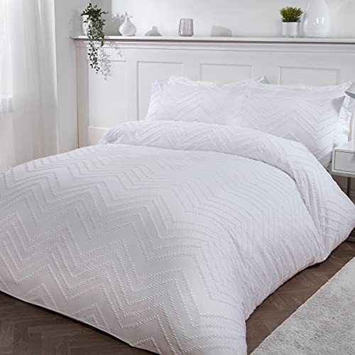 Sleepdown Sleepdown Tufted Wave Stripe Nordic Geo White Soft Cosy Easy Care Luxe Dekbedovertrek Quilt Beddengoed Set met Kussenslopen - Dubbel (200cm x 200cm)