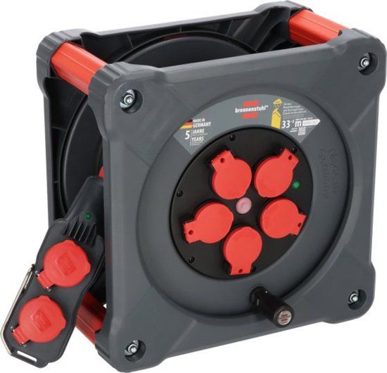 Brennenstuhl Professional bouwplaatskabelhaspel met Powerblock KC 3200 5 (33+5m, H07RN-F 3G2,5 kabel in zwart, 5 veiligheidscontactdozen, permanent buitengebruik, Made in Germany)