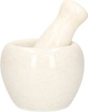 Merkloos Vijzel met stamper - wit - keramiek - D9 cm - marmer look - zware kwaliteit - keuken artikelen