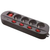 Gefom Stekkerdoos, zwart, 4 stopcontacten, 16A+T, 5 schakelaars, oplader USB C en A, meervoudig snel opladen, kabel 1,5 m