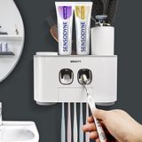 WEKITY Tandenborstelhouder voor wandmontage, multifunctionele automatische tandenborstel- en tandpasta-persset met 4 kopjes, 5 tandenborstelsleuven en 2 tandpastadispensers, eenvoudig te installeren